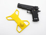 Black GBB Pistol Display Stand - EU & Hi-Capa shown in yellow beside a black pistol on white.