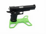 Right-side view of an Airsoft GBB Pistol Display Stand in Green (EU & Hi-Capa Etc) holding a black airsoft pistol.