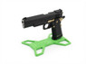 High-angle view of a Hi-Capa pistol mounted on an Airsoft GBB Pistol Display Stand in Green (EU & Hi-Capa Etc).
