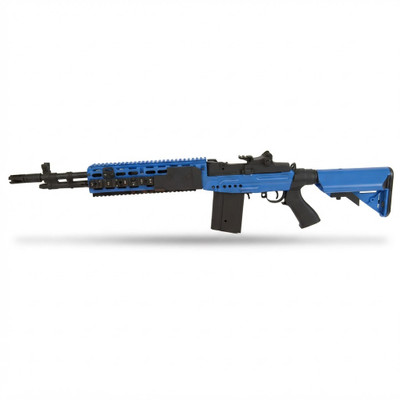 Cyma CM032 EBR M14 Tactical AEG Rifle in Blue, side view showing the blue handguard and stock on a white background
