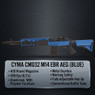 Cyma CM032 EBR M14 Tactical AEG Rifle in Blue in side profile against a dark background above a feature panel.