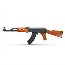 Cyma CM042M AK47 AEG in Wood and Black shown in side profile with curved magazine on a white background.