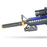 Double Eagle M83 B2 electric Semi Automatic bb gun in Blue, close-up of muzzle, blue handguard and top sight