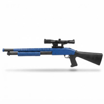 Cyma P799A Pump Action Shotgun in blue, side view with mounted scope against a white background