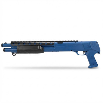Double Eagle M309 Pump Action Shotgun in Blue shown from the side with a black pump grip on a white background