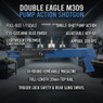 Double Eagle M309 Pump Action Shotgun in Blue, side-profile graphic with feature text against an indoor range backdrop