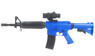 A side view of the Well D92 - M16 Carbine Fully automatic BB gun in Blue showing the sight and black magazine.