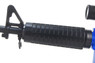 A close-up of the black handguard and front sight assembly on the Well D92 - M16 Carbine Fully automatic BB gun in Blue.