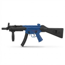Cyma CM041B MP5-A4 Fixed Stock in Blue, side view with black fixed stock and vertical foregrip on white.