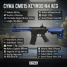 Technical specifications infographic featuring the Cyma CM615 AEG Keymod hand-guard Rifle In blue. Technical specifications infographic featuring the Cyma CM615 AEG Keymod hand-guard Rifle In blue.
