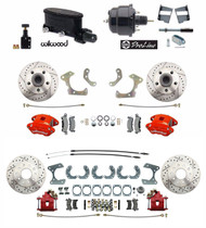 4 wheel power disc brakes for 1959-64 Chevy Impala, Bel Air & Biscayne: red Wilwood D52 calipers, red rear calipers, black Wilwood master & 8" booster.