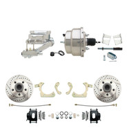 DBK5964LXB-GMFS2-309 - 1959-1964 GM Full Size Front Disc Brake Kit Black Powder Coated Calipers Drilled/Slotted Rotors (Impala, Bel Air, Biscayne) & 8" Dual Chrome Booster Conversion Kit w/ Flat Top Chrome Master Cylinder Left Mount Disc/ Drum Propor