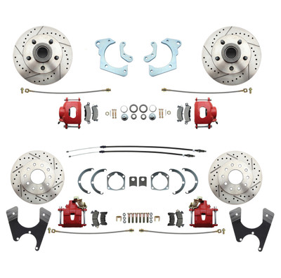 DBK59641012FSLXR - 1959-1964 Full Size Chevy Complete Disc Brake Conversion Kit w/ Powder Coated Red Calipers & Drilled/ Slotted Rotors