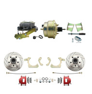 DBK5964LXR-GMFS2-205 - 1959-1964 GM Full Size Front Disc Brake Kit Red Powder Coated Calipers Drilled/Slotted Rotors (Impala, Bel Air, Biscayne) & 8" Dual Zinc Booster Conversion Kit w/ Cast Iron Master Cylinder Left Mount Disc/ Drum Proportioning Va