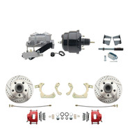 DBK5964LXR-GMFS2-709 - 1959-1964 GM Full Size Front Disc Brake Kit Red Powder Coated Calipers Drilled/Slotted Rotors (Impala, Bel Air, Biscayne) & 8" Dual Powder Coated Black Booster Conversion Kit w/ Aluminum Master Cylinder Left Mount Disc/ Drum Pr