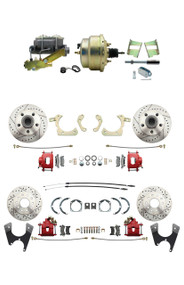 DBK59641012FSLXR-GMFS2-211 - 1959-1964 GM Full Size Front & Rear Power Disc Brake Kit Red Powder Coated Calipers Drilled/Slotted Rotors (Impala, Bel Air, Biscayne) & 8" Dual Zinc Booster Conversion Kit w/ Cast Iron Master Cylinder Left Mount Disc/ Dr