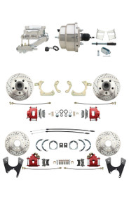 DBK59641012FSLXR-GMFS2-329 - 1959-1964 GM Full Size Front & Rear Power Disc Brake Kit Red Powder Coated Calipers Drilled/Slotted Rotors (Impala, Bel Air, Biscayne) & 8" Dual Chrome Booster Conversion Kit w/ Flat Top Chrome Master Cylinder Left Mount