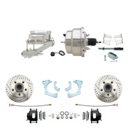 DBK6568LXB-GMFS3-309 - 1965-1968 GM Full Size Front Disc Brake Kit Black Powder Coated Calipers Drilled/Slotted Rotors (Impala, Bel Air, Biscayne) & 8" Dual Chrome Booster Conversion Kit w/ Flat Top Chrome Master Cylinder Left Mount Disc/ Drum Propor