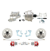 DBK6568LXR-GMFS3-309 - 1965-1968 GM Full Size Front Disc Brake Kit Red Powder Coated Calipers Drilled/Slotted Rotors (Impala, Bel Air, Biscayne) & 8" Dual Chrome Booster Conversion Kit w/ Flat Top Chrome Master Cylinder Left Mount Disc/ Drum Proporti