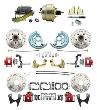 DBK64721012LXR-GM-215 - 1964-1972 GM A Body Front & Rear Power Disc Brake Conversion Kit Drilled & Slotted & Powder Coated Red Calipers Rotors w/ 8"Dual Zinc Booster Kit