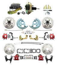 DBK64721012LXR-GM-217 - 1964-1972 GM A Body Front & Rear Power Disc Brake Conversion Kit Drilled & Slotted & Powder Coated Red Calipers Rotors w/9" Dual Zinc Booster Kit