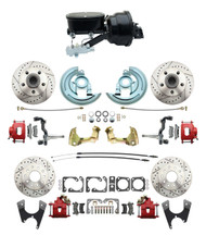 DBK64721012LXR-GM-411 - 1964-1972 GM A Body Front & Rear Power Disc Brake Conversion Kit Drilled & Slotted & Powder Coated Red Calipers Rotors w/ tandem 8" Dual Powder Coated Black Booster Kit