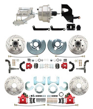 DBK6272834LXR-MP-330 1962-72 Mopar B&E Body Front & Rear Disc Brake Conversion Kit w/ Drilled & Slotted Rotors & Powder Coated Red Calipers ( Charger, Challenger, Coronet) w/ 8" Dual Chrome Booster Conversion Kit w/ Flat Top Chrome Master Kit