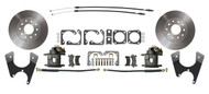 Staggered shock GM 10 and 12 bolt rear disc brake kit DBK1012S with 11 inch rotors, two right side e-brake calipers, brackets, hoses and cables