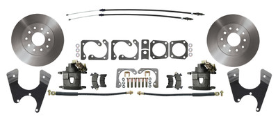 Staggered shock GM 10 and 12 bolt rear disc brake kit DBK1012S with 11 inch rotors, two right side e-brake calipers, brackets, hoses and cables