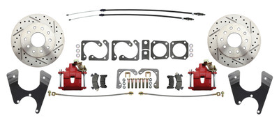 Staggered shock rear disc brake kit DBK1012SLX-R with two red powder coated right side e-brake calipers, 11 inch drilled and slotted rotors, stainless braided hoses and cables