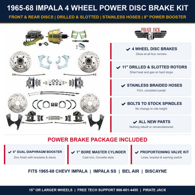 1965-68 Chevy Impala 4 wheel power disc brake kit with drilled and slotted rotors, 8 inch booster, master cylinder and proportioning valve