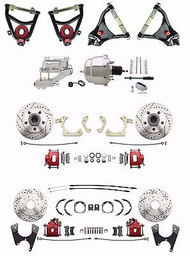59-64 Impala 4 Wheel Power Disc Brake Kit Tubular Control Arms Red Chrome