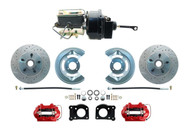 Front Power Disc Conversion for 1964-1966 Mustang / Falcon w/ V8 & Automatic Transmission, Cross Drilled & Slotted Rotors, Red Powder Coated Calipers