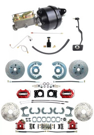 Complete 1967-69 Mustang Disc Brake Kit, 8" Dual Power Booster, Red PC Calipers