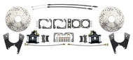 GM 10 and 12 bolt rear disc brake kit DBK1012LX-B with black powder coated e-brake calipers, 11 inch drilled and slotted rotors, stainless braided hoses and cables