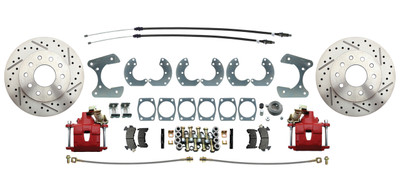 Ford Fairlane, Mustang, Thunderbird 9" Rear Disc Brake Kit with Red Powder Coated Calipers and Drilled & Slotted Rotors 
