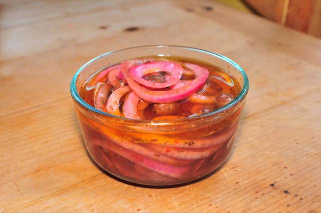 red onion and mushroom marinated in seasoned oil and vinegar