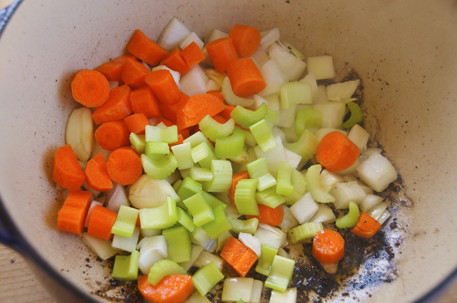 chopped fresh vegetables with italian seasonings in dutch oven