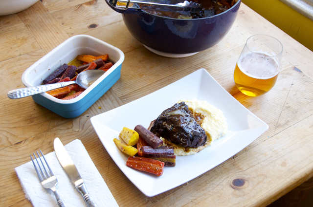 braised short ribs with rainbow carrots and creamy polenta