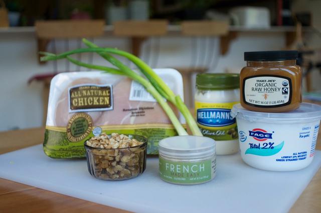 ingredients for chicken salad with walnuts & grapes