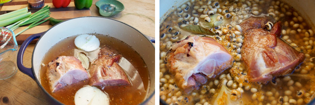 simmer ham hock and black eyed peas in dutch oven