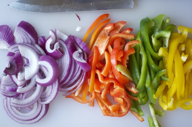 cut red onions and bell peppers