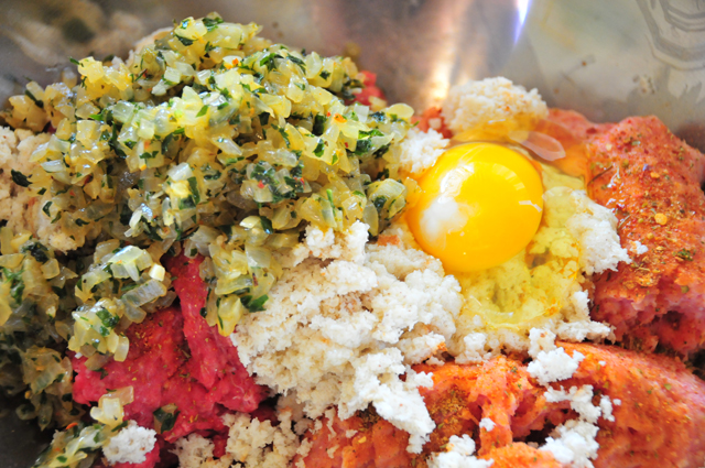 sauteed onions eggs ground beef pork and breadcrumb mixture