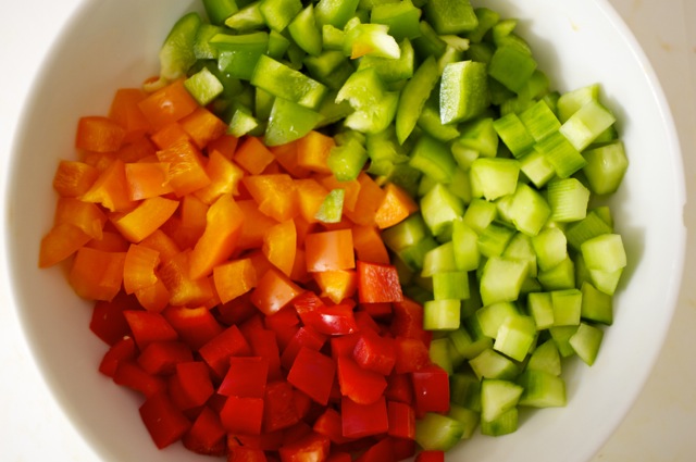 chopped vegetables in a white bowl