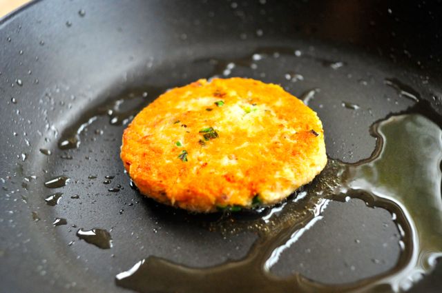 fry salmon patty on a hot oiled pan