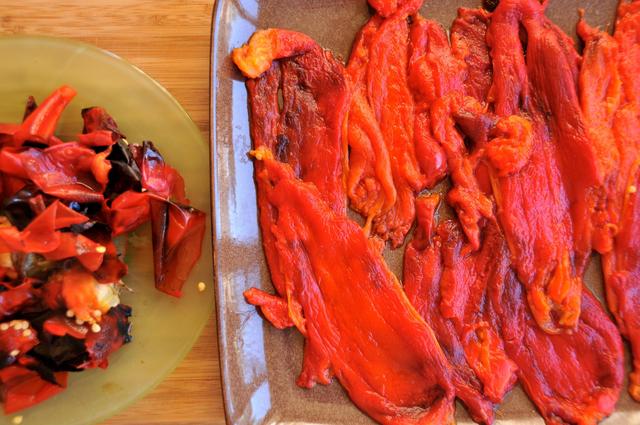 peel off charred skin of red bell pepper