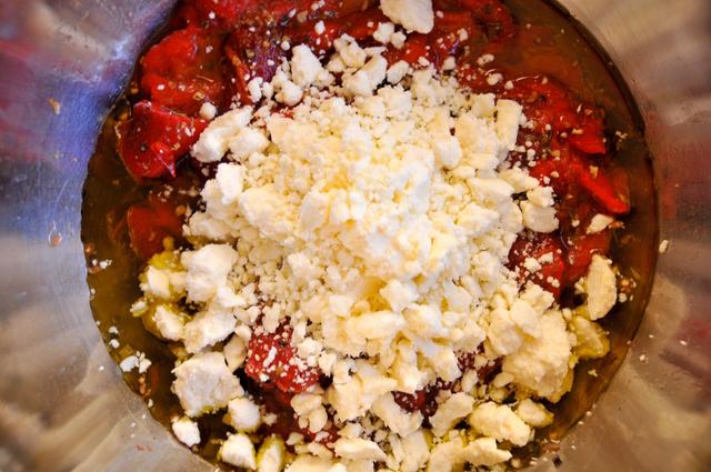 feta cheese lemon thyme with red bell peppers coated in olive oil