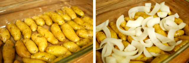 french seasoned fingerling potatoes and onions in a baking dish