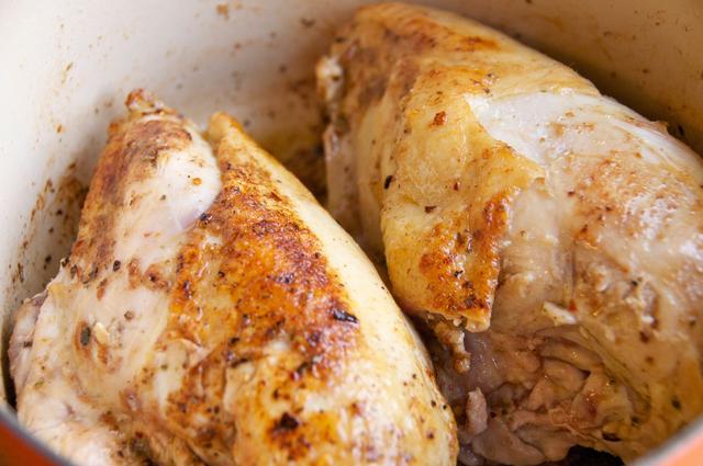 chicken breast browned in cast iron dutch oven