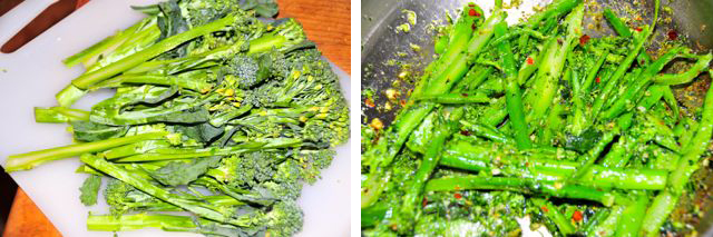 sliced broccoli rabe sauteed in pan